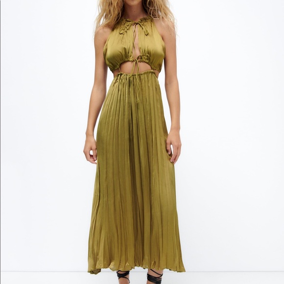 ZARA SATIN DRESS WITH CUT-OUT DETAIL OLIVE GREEN - Picture 10 of 12